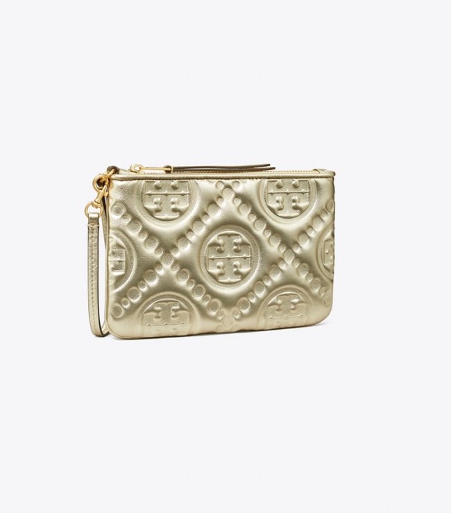 TORY BURCH T MONOGRAM EMBOSSED METALLIC POUCH - White Gold | Free Shipping  TORY BURCH T MONOGRAM EMBOSSED METALLIC POUCH - White Gold | Free Shipping